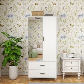 Large Armoire Wardrobe Closet with 2 Doors Hanging Rods 2 Drawers and Mirror for Clothes Storage Cabinet Organization Shelving for Bedroom Armoire 31.