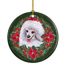 Medium White Poodle Poinsetta Wreath Ceramic Ornament Christmas Tree Hanging Decorations for Home Christmas Holiday, Party, Gift, 3 in, Multicolor