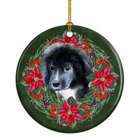 Newfoundland Puppy Poinsetta Wreath Ceramic Ornament Christmas Tree Hanging Decorations for Home Christmas Holiday, Party, Gift, 3 in, Multicolor