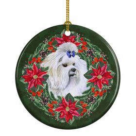 Maltese Poinsetta Wreath Ceramic Ornament Christmas Tree Hanging Decorations for Home Christmas Holiday, Party, Gift, 3 in, Multicolor