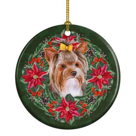 Yorkshire Terrier #2 Poinsetta Wreath Ceramic Ornament Christmas Tree Hanging Decorations for Home Christmas Holiday, Party, Gift, 3 in, Multicolor