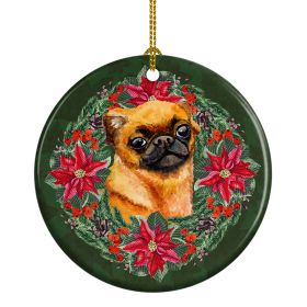 Small Brabant Griffon Poinsetta Wreath Ceramic Ornament Christmas Tree Hanging Decorations for Home Christmas Holiday, Party, Gift, 3 in, Multicolor