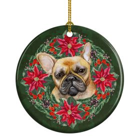 French Bulldog Poinsetta Wreath Ceramic Ornament Christmas Tree Hanging Decorations for Home Christmas Holiday, Party, Gift, 3 in, Multicolor