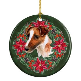 Smooth Fox Terrier Poinsetta Wreath Ceramic Ornament Christmas Tree Hanging Decorations for Home Christmas Holiday, Party, Gift, 3 in, Multicolor