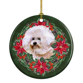 Bichon Frise #2 Poinsetta Wreath Ceramic Ornament Christmas Tree Hanging Decorations for Home Christmas Holiday, Party, Gift, 3 in, Multicolor