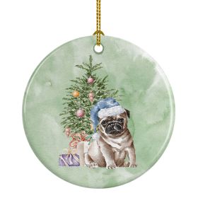 Pug Fawn Puppy Christmas Presents and Tree Ceramic Ornament Christmas Tree Hanging Decorations for Home Christmas Holiday, Party, Gift, 3 in, Multicol