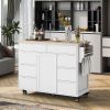 Store Kitchen Cart with Rubber Wood Countertop , Kitchen Island has 8 Handle-Free Drawers Including a Flatware Organizer and 5 Wheels for Kitchen Dinn