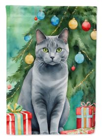 Chartreux Cat By the Christmas Tree Garden Flag Mailbox Flag Decorative Yard Flag Banner Outside Patio Artwork Yard Flower Beds, Garden Size, Multicol