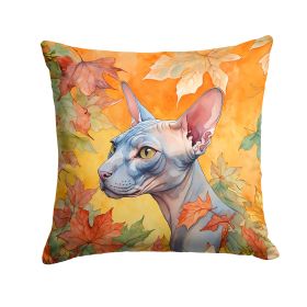 Donskoy Don Sphynx Cat in Fall Leaves Throw Pillow Machine Washable, Indoor Outdoor Decorative Pillow for Couch, Bed or Patio, 18Hx18W