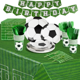 171-Piece Soccer Party Decorations, Serves 24 Sports-Themed Birthday Party Supplies with Plates, Napkins, Cups, and Green Cutlery Set, Tablecloth