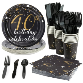 144 Piece 40th Birthday Party Supplies Set for Men, Women, Serves 24 Paper Plates and Napkins, Cups, Cutlery