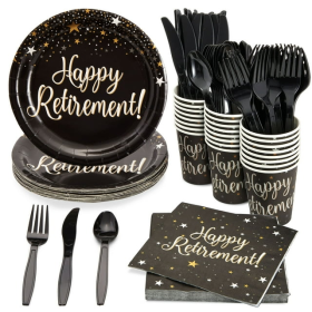 144-Piece Happy Retirement Decorations and Party Supplies with Paper Plates, Napkins, Cups, and Cutlery