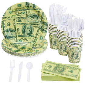 144 Piece Money Birthday Party Decorations for Party Supplies, Paper Plates, Napkins, Cups, & Cutlery Tableware Set