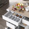 Store Kitchen Cart with Rubber Wood Countertop , Kitchen Island has 8 Handle-Free Drawers Including a Flatware Organizer and 5 Wheels for Kitchen Dinn