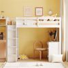 Twin Size Loft Bed with Ladder, Shelves, and Desk, White