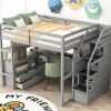 Full Size Loft Bed with Desk and Shelves, Two Built-in Drawers, Storage Staircase, Gray