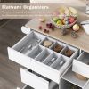 Store Kitchen Cart with Rubber Wood Countertop , Kitchen Island has 8 Handle-Free Drawers Including a Flatware Organizer and 5 Wheels for Kitchen Dinn