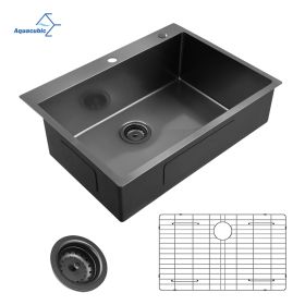 Aqucubic Gunmetal Black CUPC Handmade 304 Stainless Steel Topmount Kitchen Sink with Accessories and faucet (Thickness: 18 Gauge, Color: ACS3022A1T)