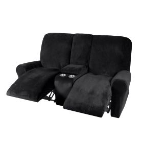 Recliner Sofa Covers 2 Seater Sofa Covers with Cup Holder, Velvet Stretch Recliner Loveseat Slipcovers with Middle Console (Specification: 2 Seater, Color: Black)