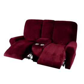 Recliner Sofa Covers 2 Seater Sofa Covers with Cup Holder, Velvet Stretch Recliner Loveseat Slipcovers with Middle Console (Specification: 2 Seater, Color: wine)