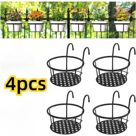 Iron Hanging Plant Holder Over The Rail Metal Fence Planters, Hanging Bucket Flower Pot Holder for Patio Balcony Outdoor Plants - Pack of 4 (Black) (Color: Black)