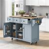 Kitchen Cart with Rubber wood Drop-Leaf Countertop ,Cabinet door internal storage racks,Kitchen Island on 5 Wheels with Storage Cabinet and 3 Drawers